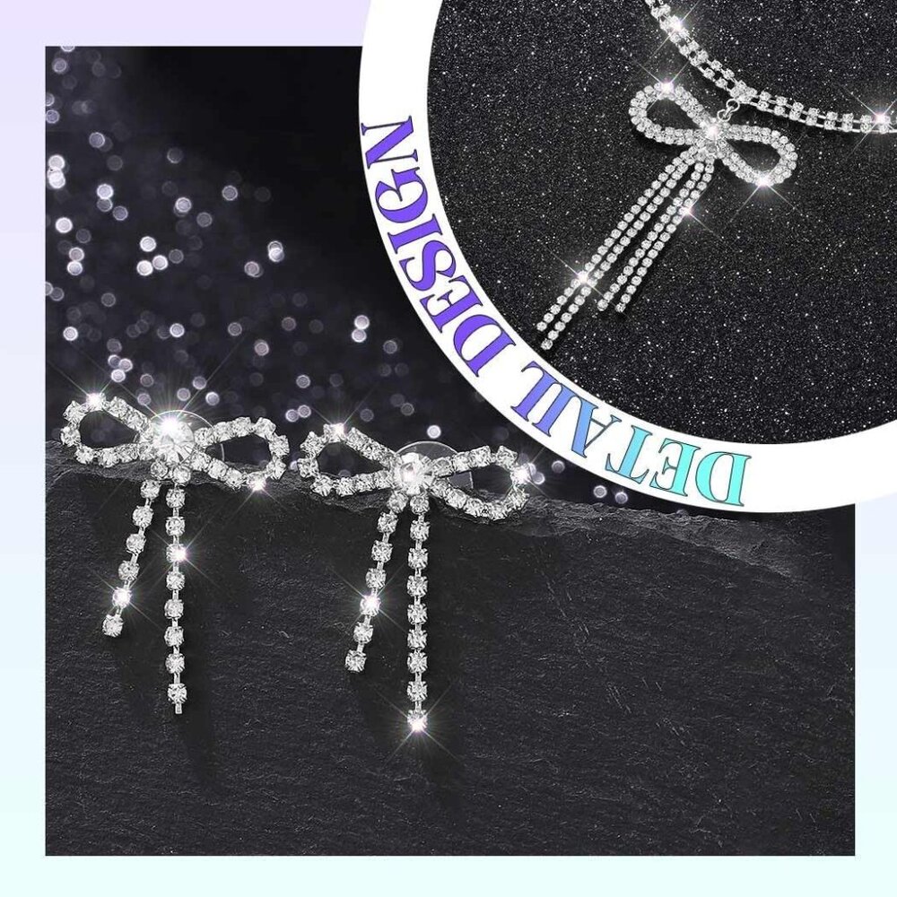 Rhinestone Bow Jewelry Set Sparkly Bowknot Necklace and Earrings Crystal Prom Je - Picture 6 of 7
